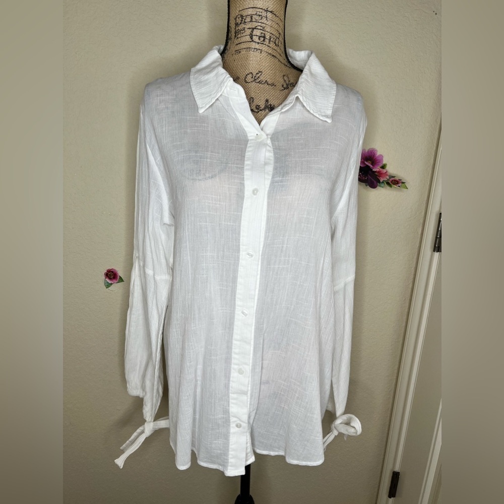 Easel Puffy Long Sleeve White Button Up Crinkle Blouse With Tie Wrists Size M